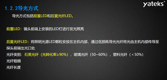 導(dǎo)光方式包括前置LED和后置光纖LED，前置LED：鏡頭前端上安裝的LED燈進(jìn)行發(fā)光照亮，后置光纖LED：將照明光源LED顆粒安放在主機(jī)內(nèi)部， 通過低損耗導(dǎo)光光纖將光由主機(jī)內(nèi)部傳導(dǎo)至探頭前端出光口處