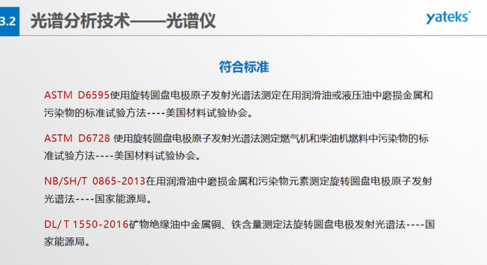 ASTM D6595使用旋轉圓盤電極原子發射光譜法測定在用潤滑油或液壓油中磨損金屬和污染物的標準試驗方法----美國材料試驗協會。   ASTM D6728 使用旋轉圓盤電極原子發射光譜法測定燃氣機和柴油機燃料中污染物的標準試驗方法----美國材料試驗協會。   NB/SH/T 0865-2013在用潤滑油中磨損金屬和污染物元素測定旋轉圓盤電極原子發射光譜法----國家能源局。   DL/ T 1550-2016礦物絕緣油中金屬銅、鐵含量測定法旋轉圓盤電極發射光譜法----國家能源局。